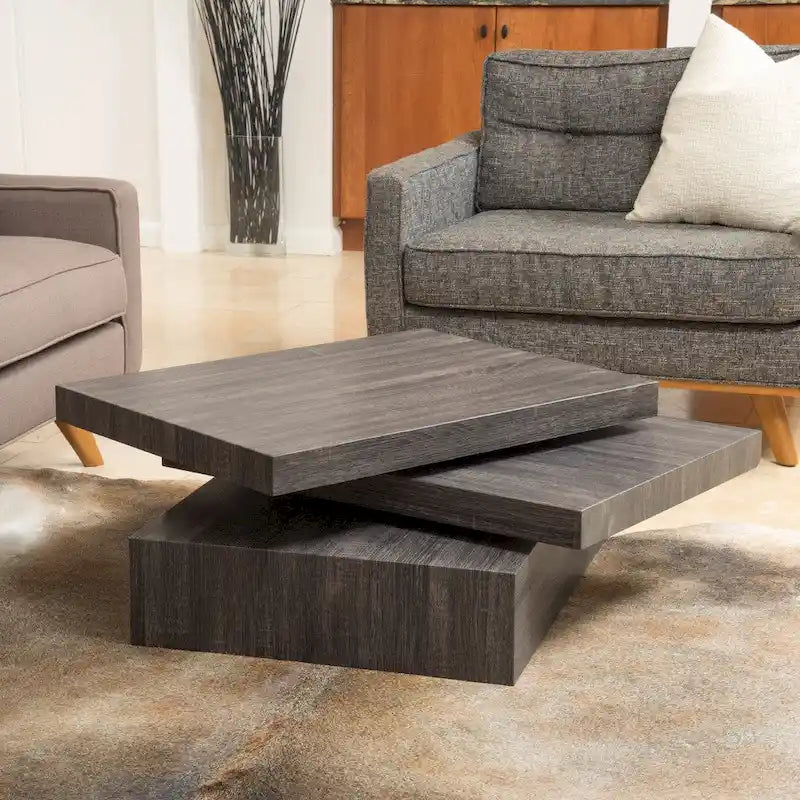 Rotating Wood Coffee Table Black Oak Finish Three Tier Modern Living Room