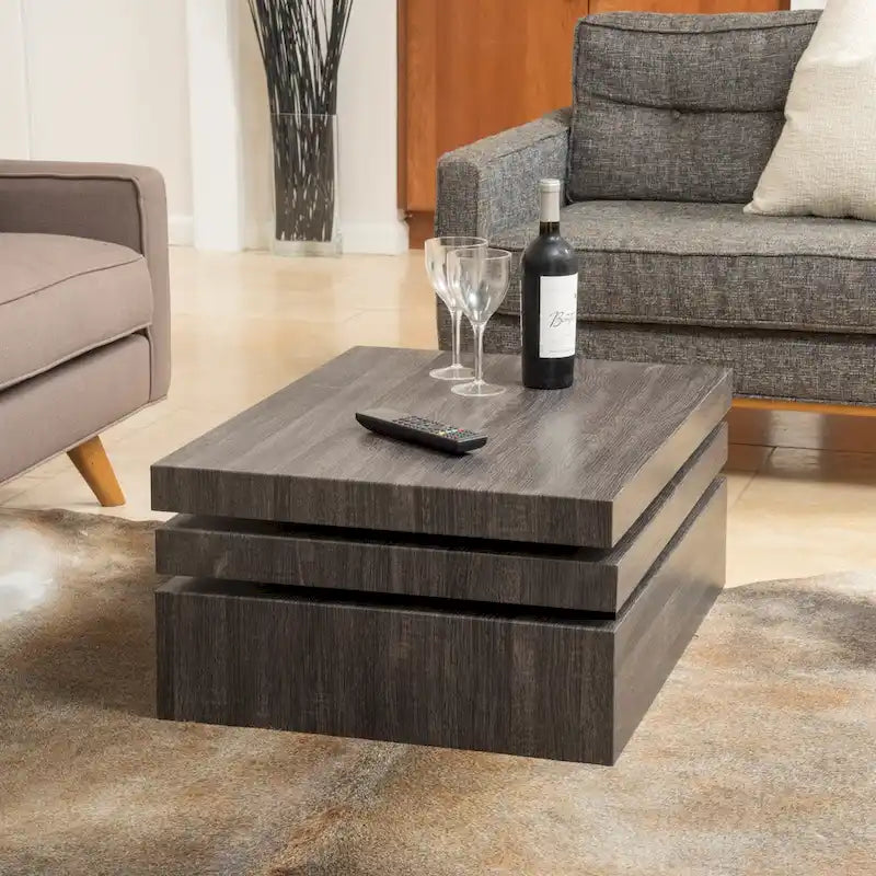 Rotating Wood Coffee Table Black Oak Finish Three Tier Modern Living Room