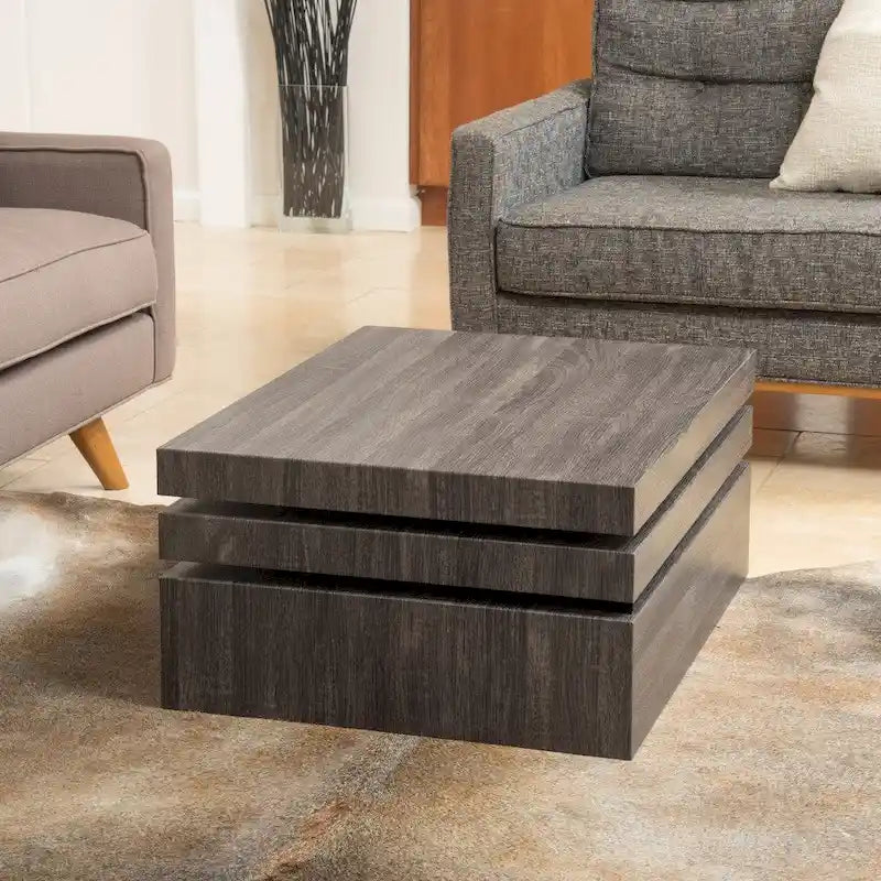 Rotating Wood Coffee Table Black Oak Finish Three Tier Modern Living Room