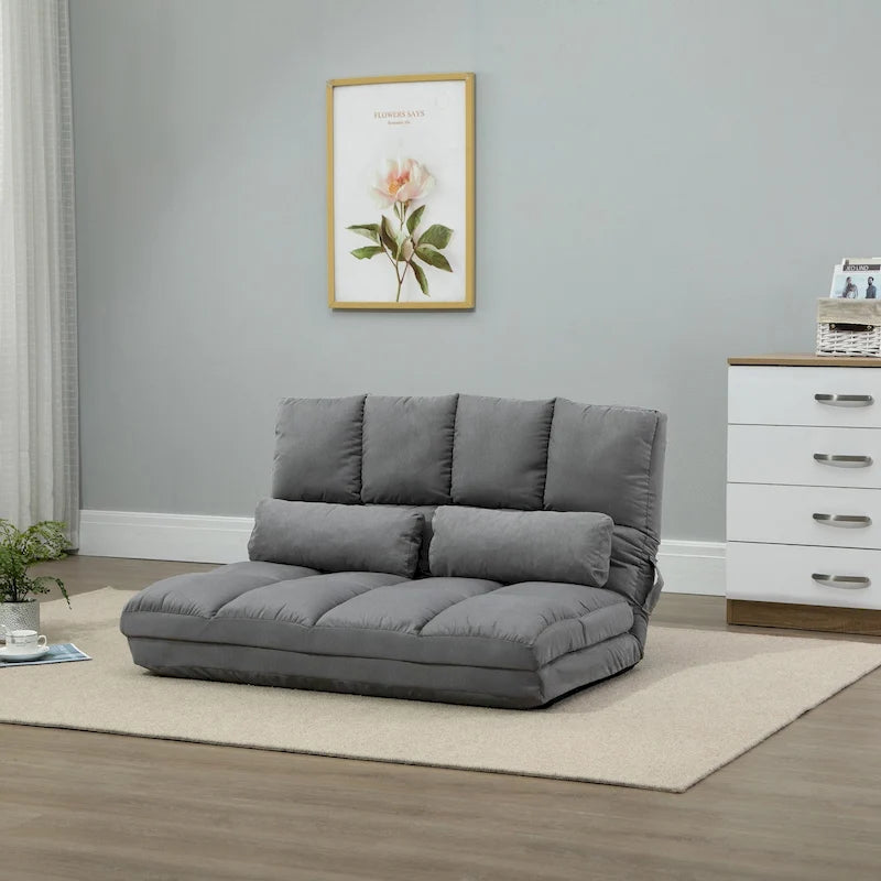 Convertible Floor Sofa Bed Adjustable Backrest Foldable Beige Grey Suede