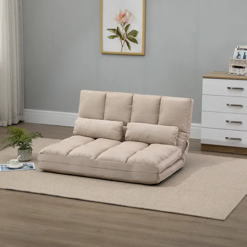 Convertible Floor Sofa Bed Adjustable Backrest Foldable Beige Grey Suede