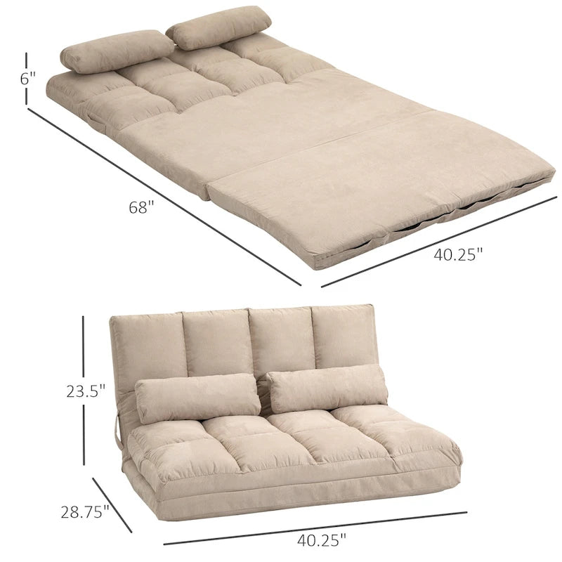 Convertible Floor Sofa Bed Adjustable Backrest Foldable Beige Grey Suede