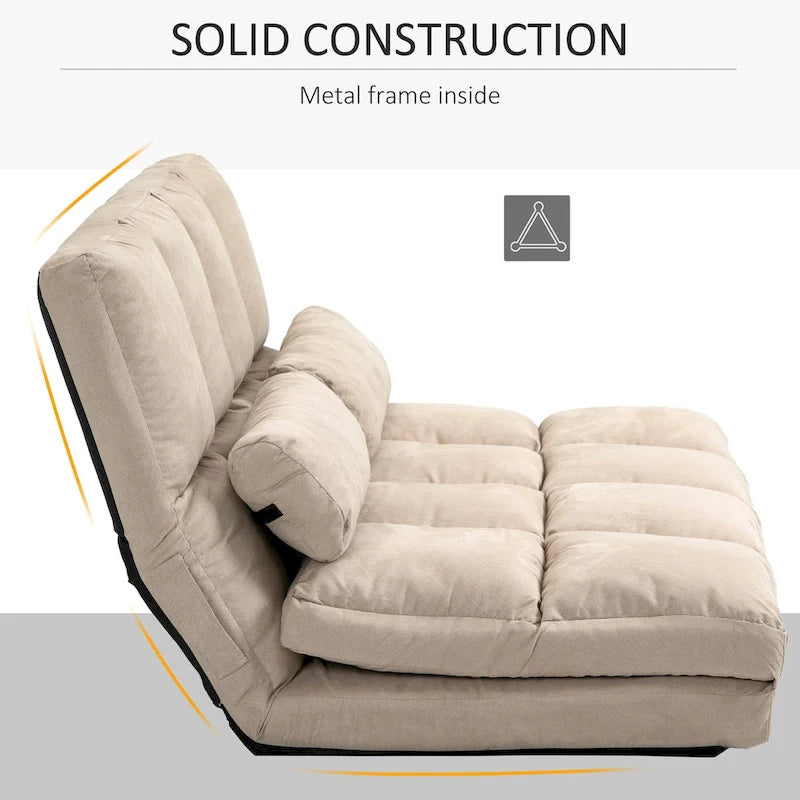 Convertible Floor Sofa Bed Adjustable Backrest Foldable Beige Grey Suede