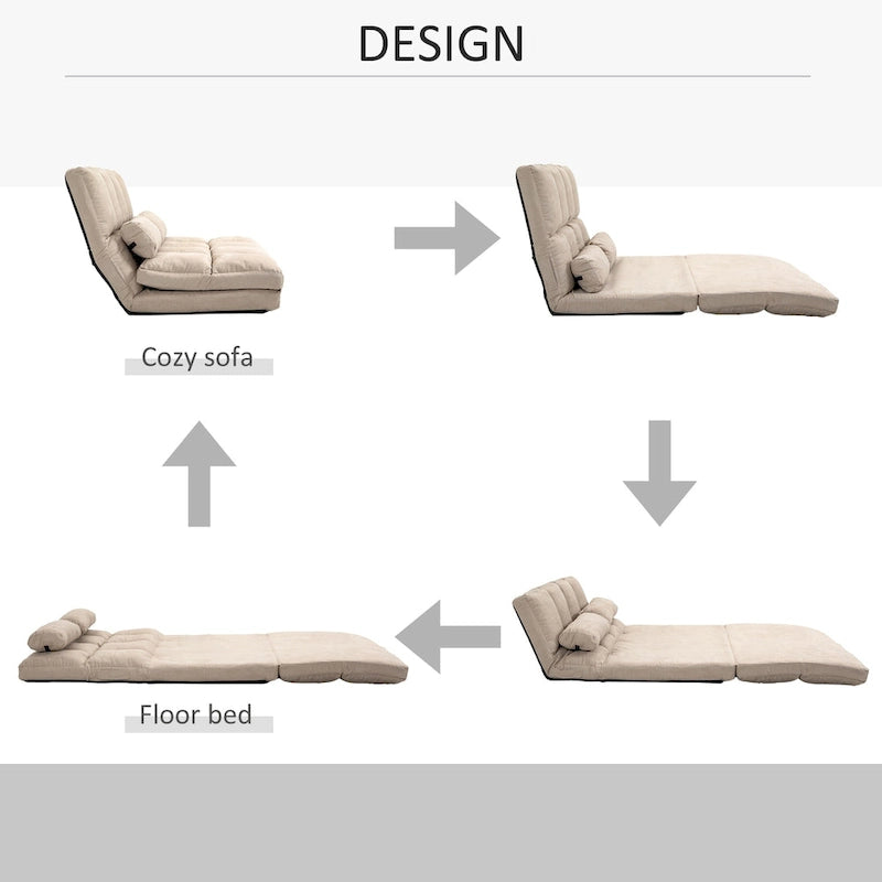 Convertible Floor Sofa Bed Adjustable Backrest Foldable Beige Grey Suede