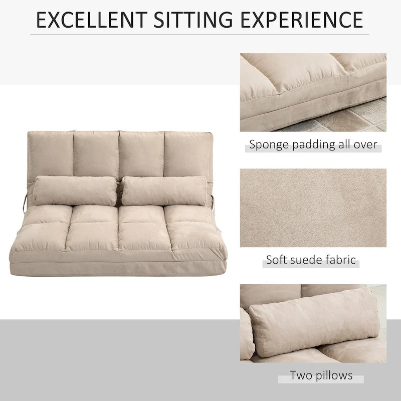 Convertible Floor Sofa Bed Adjustable Backrest Foldable Beige Grey Suede