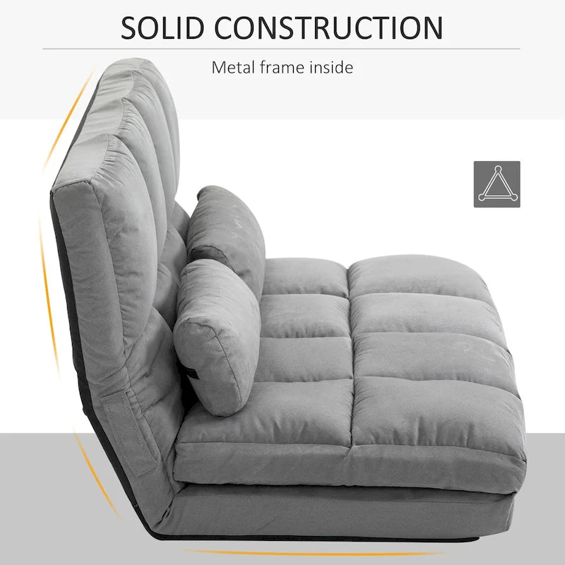 Convertible Floor Sofa Bed Adjustable Backrest Foldable Beige Grey Suede