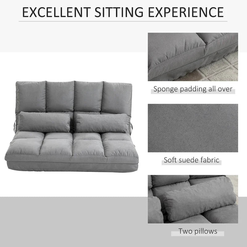 Convertible Floor Sofa Bed Adjustable Backrest Foldable Beige Grey Suede
