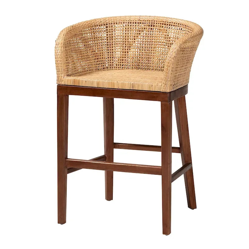 Woven Rattan Barrel Back Counter Stool Solid Wood Legs Walnut Brown