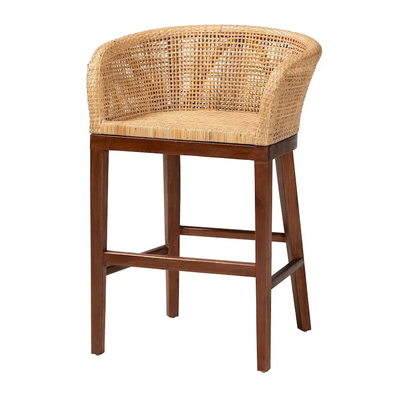 Woven Rattan Barrel Back Counter Stool Solid Wood Legs Walnut Brown