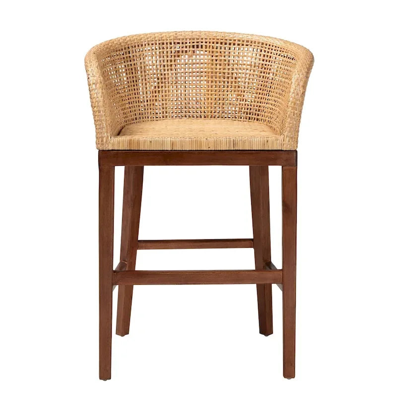 Woven Rattan Barrel Back Counter Stool Solid Wood Legs Walnut Brown