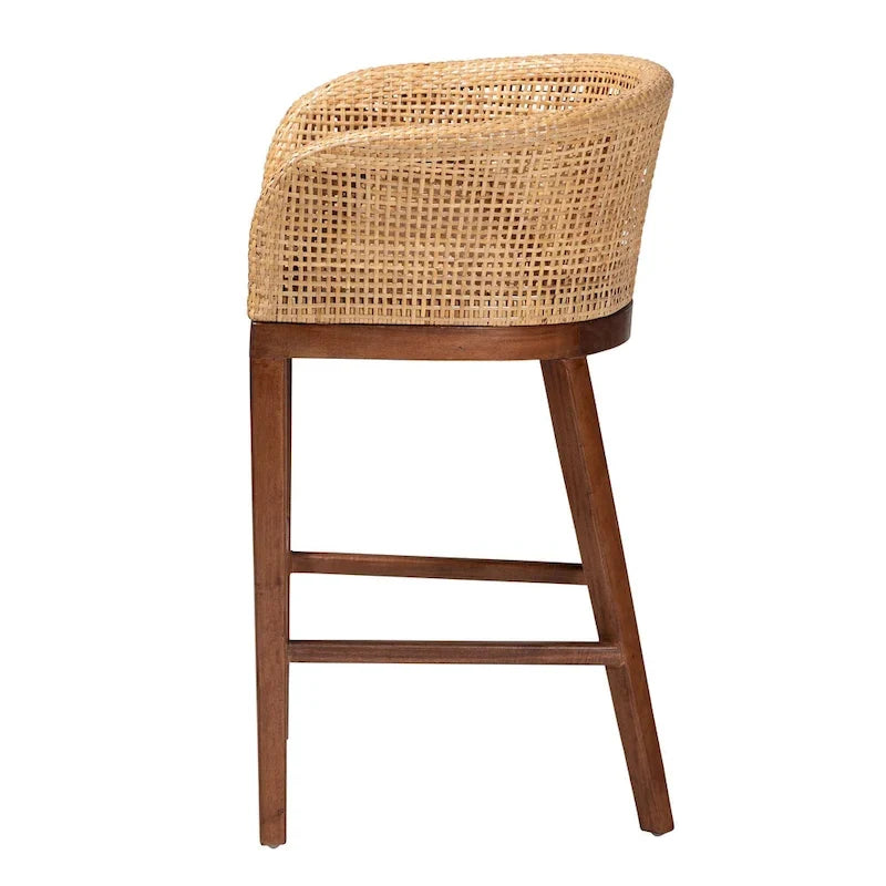 Woven Rattan Barrel Back Counter Stool Solid Wood Legs Walnut Brown