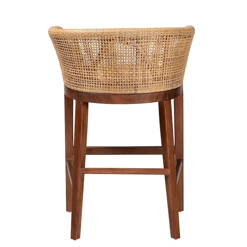 Woven Rattan Barrel Back Counter Stool Solid Wood Legs Walnut Brown