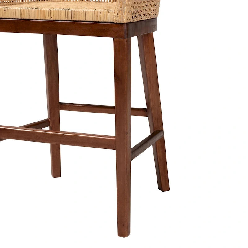 Woven Rattan Barrel Back Counter Stool Solid Wood Legs Walnut Brown