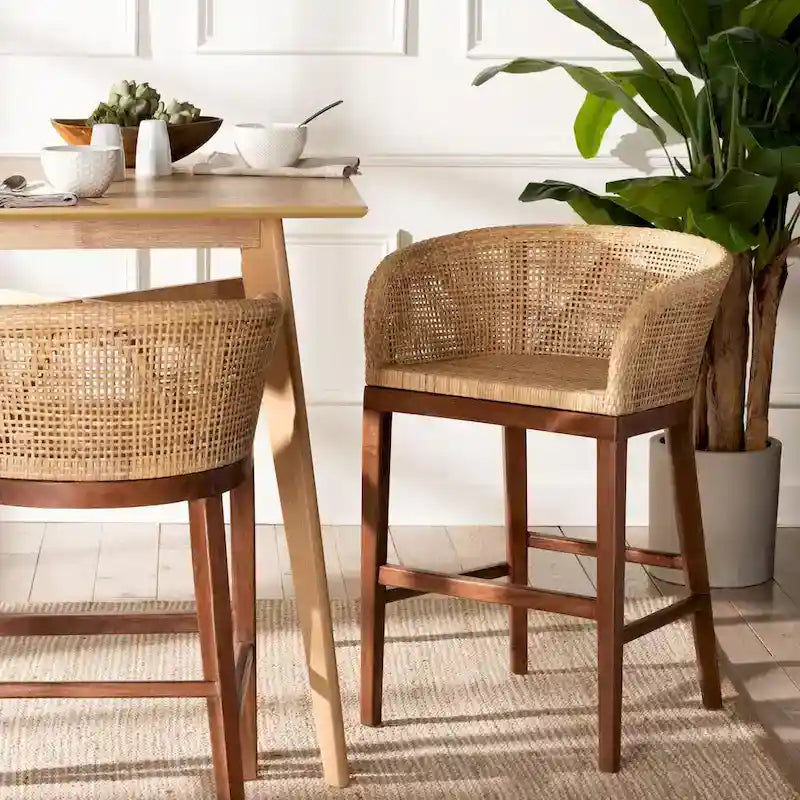 Woven Rattan Barrel Back Counter Stool Solid Wood Legs Walnut Brown