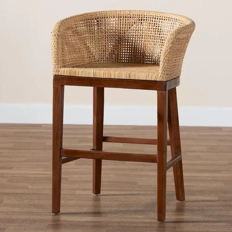 Woven Rattan Barrel Back Counter Stool Solid Wood Legs Walnut Brown