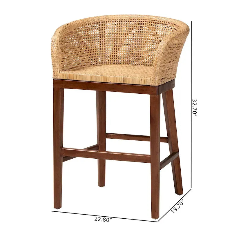 Woven Rattan Barrel Back Counter Stool Solid Wood Legs Walnut Brown