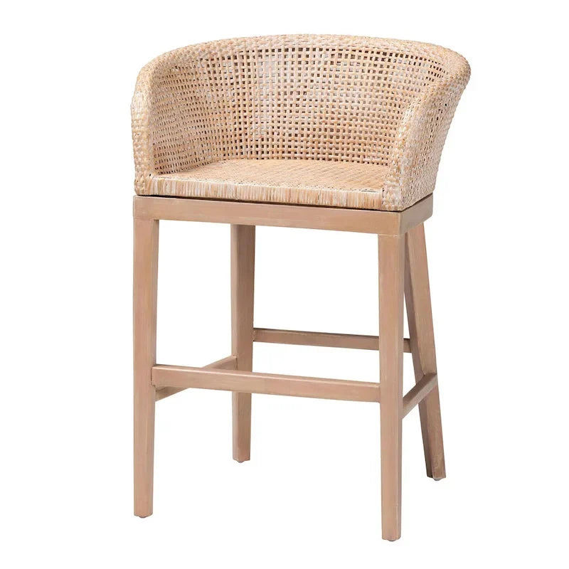 Woven Rattan Barrel Back Counter Stool Solid Wood Legs Walnut Brown
