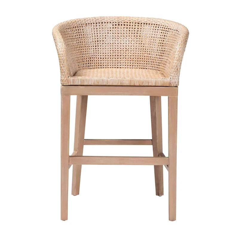 Woven Rattan Barrel Back Counter Stool Solid Wood Legs Walnut Brown