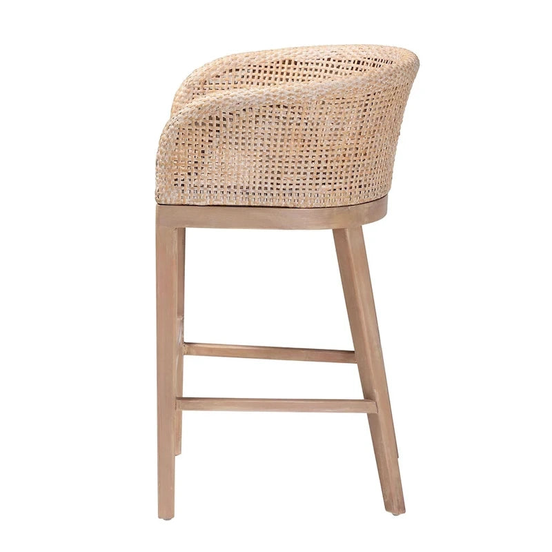 Woven Rattan Barrel Back Counter Stool Solid Wood Legs Walnut Brown
