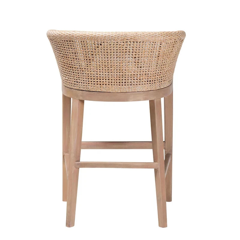 Woven Rattan Barrel Back Counter Stool Solid Wood Legs Walnut Brown