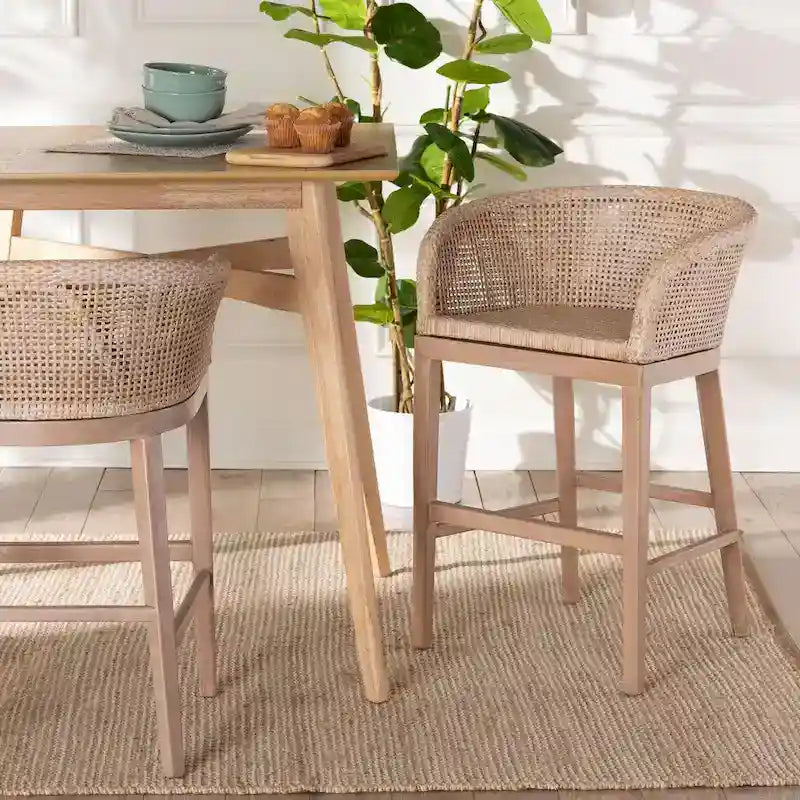Woven Rattan Barrel Back Counter Stool Solid Wood Legs Walnut Brown
