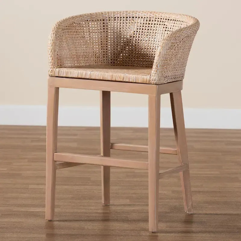Woven Rattan Barrel Back Counter Stool Solid Wood Legs Walnut Brown