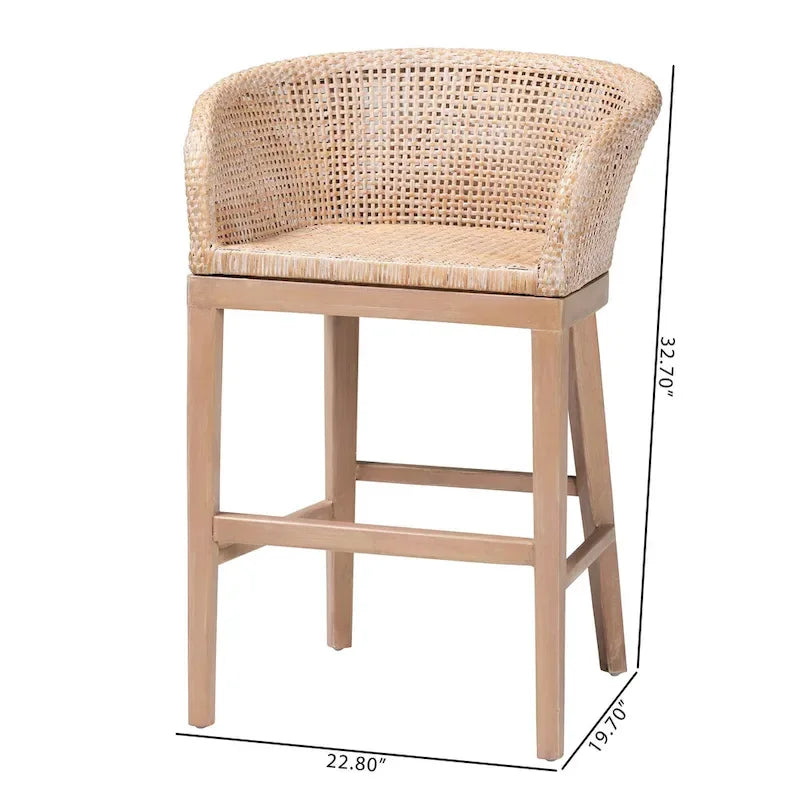 Woven Rattan Barrel Back Counter Stool Solid Wood Legs Walnut Brown