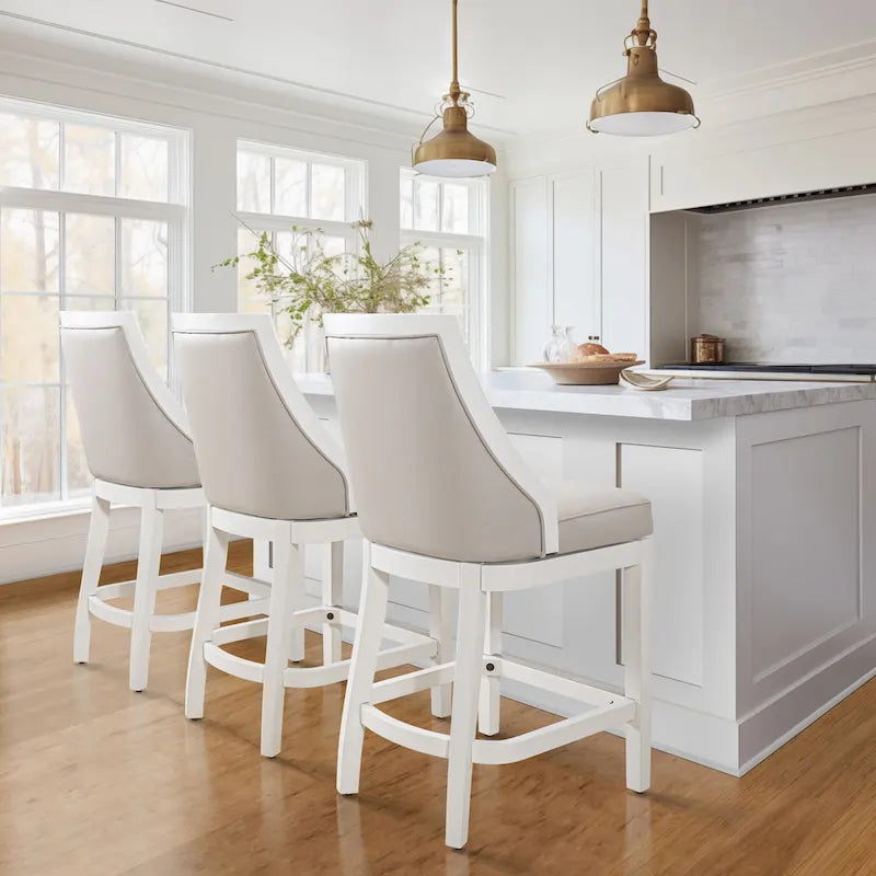 Modern High-Back Swivel Bar Stool White Frame Gray Faux Leather Seat