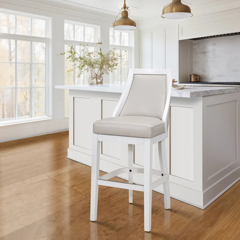 Modern High-Back Swivel Bar Stool White Frame Gray Faux Leather Seat