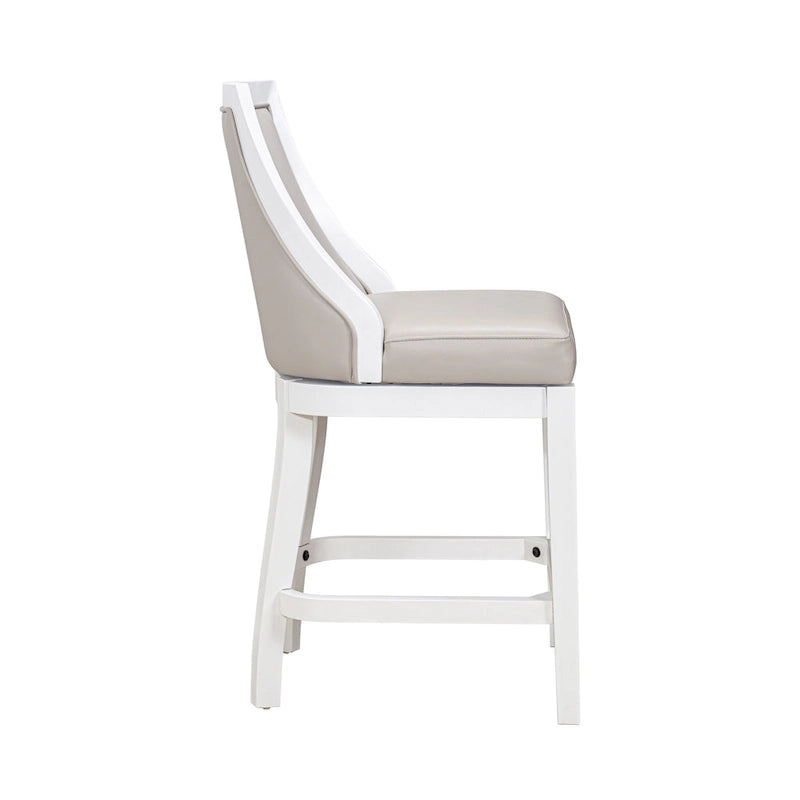 Modern High-Back Swivel Bar Stool White Frame Gray Faux Leather Seat