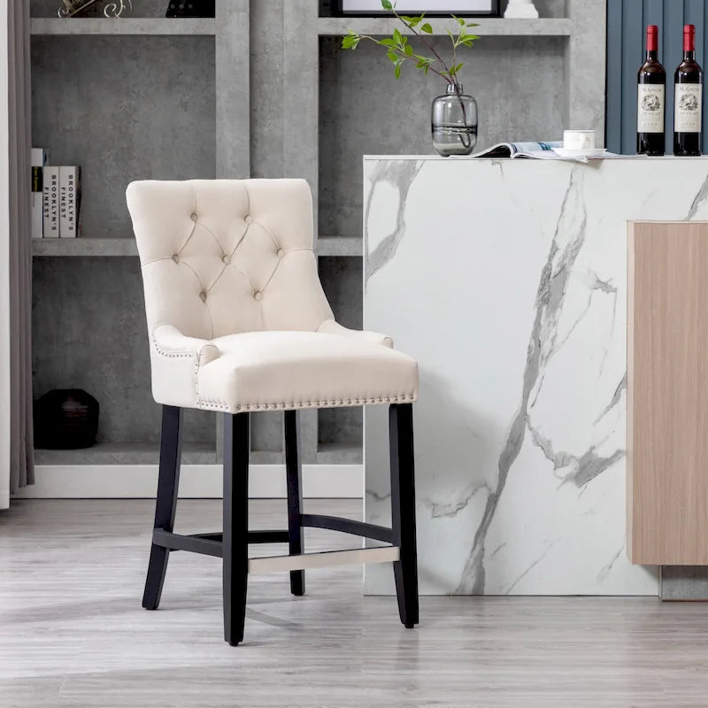 Upholstered Button Tufted Counter Stool with Black Wood Legs