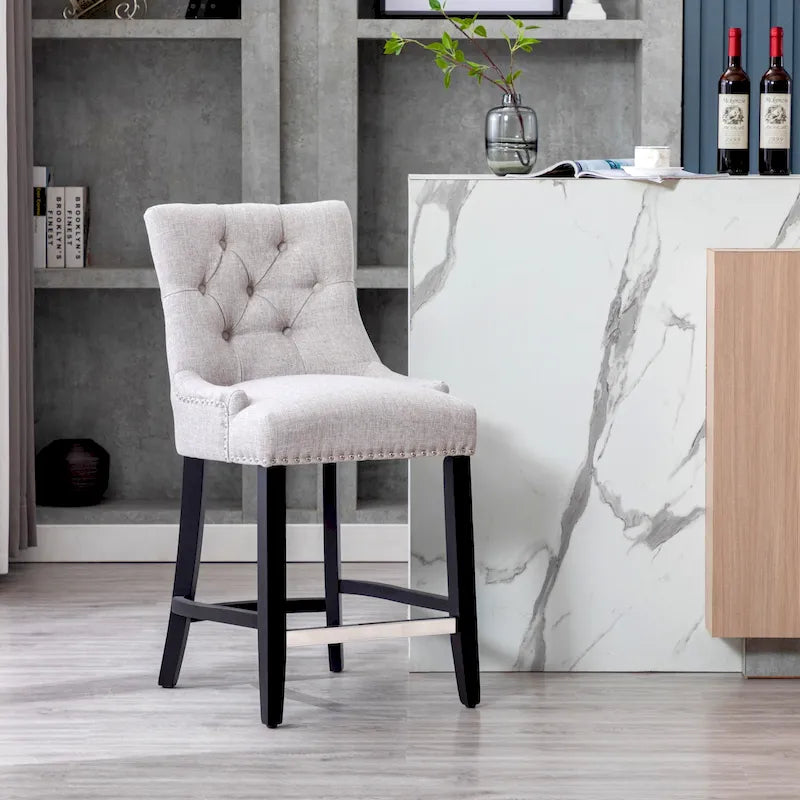 Upholstered Button Tufted Counter Stool with Black Wood Legs