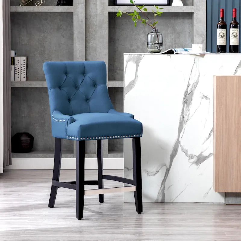 Upholstered Button Tufted Counter Stool with Black Wood Legs