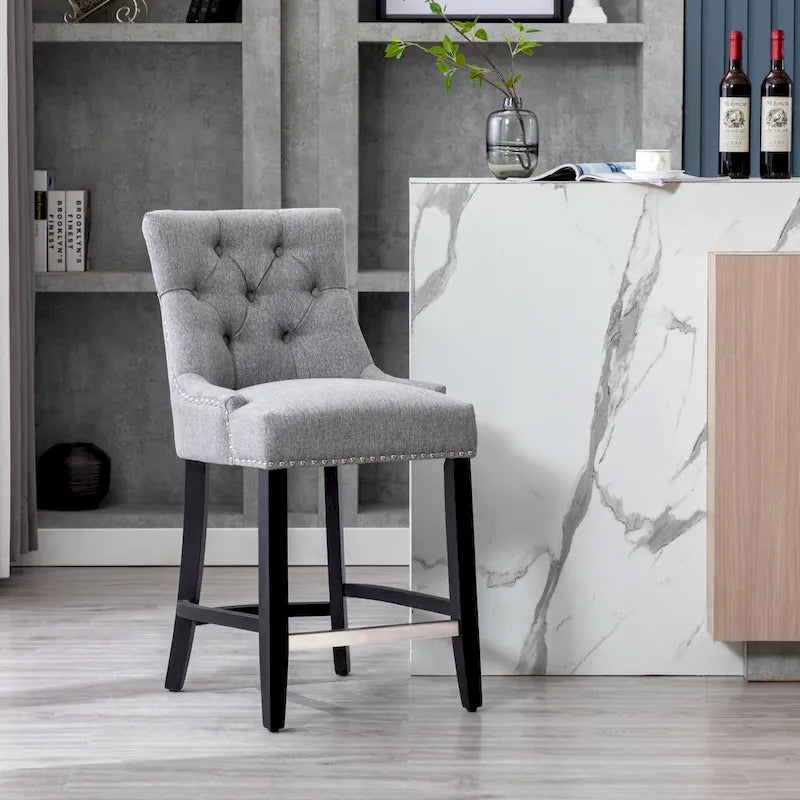 Upholstered Button Tufted Counter Stool with Black Wood Legs