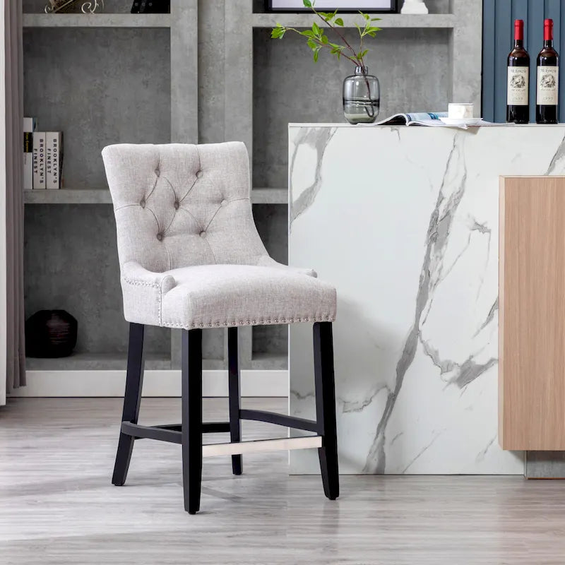 Upholstered Button Tufted Counter Stool with Black Wood Legs