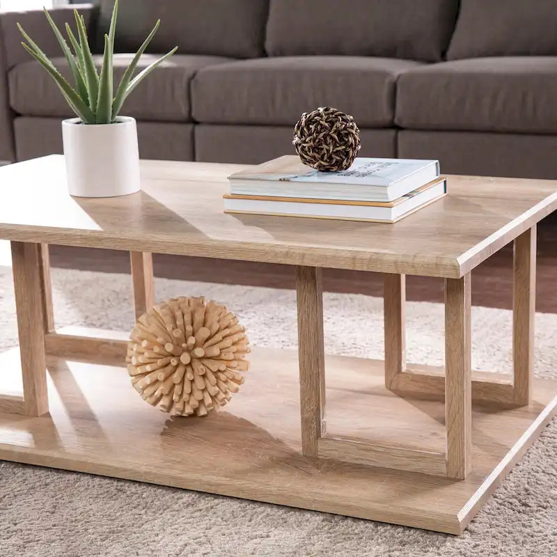 Geometric Open Shelf Natural Wood Coffee Table Boho Style