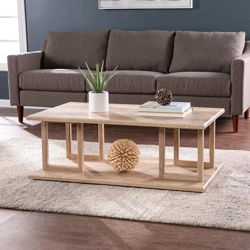 Geometric Open Shelf Natural Wood Coffee Table Boho Style