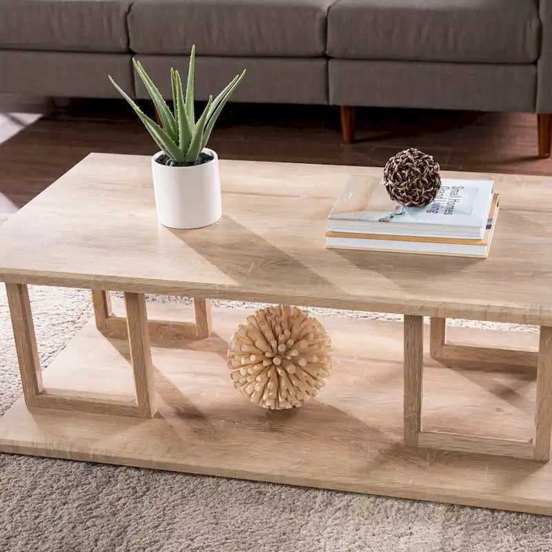 Geometric Open Shelf Natural Wood Coffee Table Boho Style