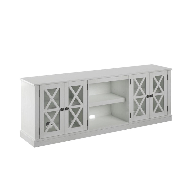 White Farmhouse TV Stand with Barn Door Cabinets and Open Shelves