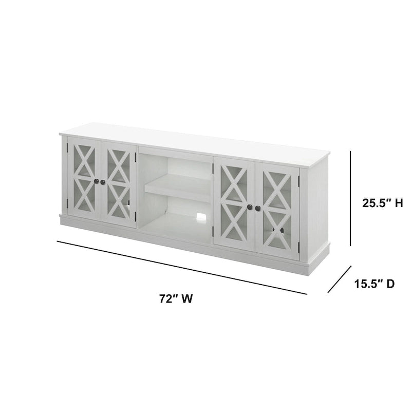 White Farmhouse TV Stand with Barn Door Cabinets and Open Shelves