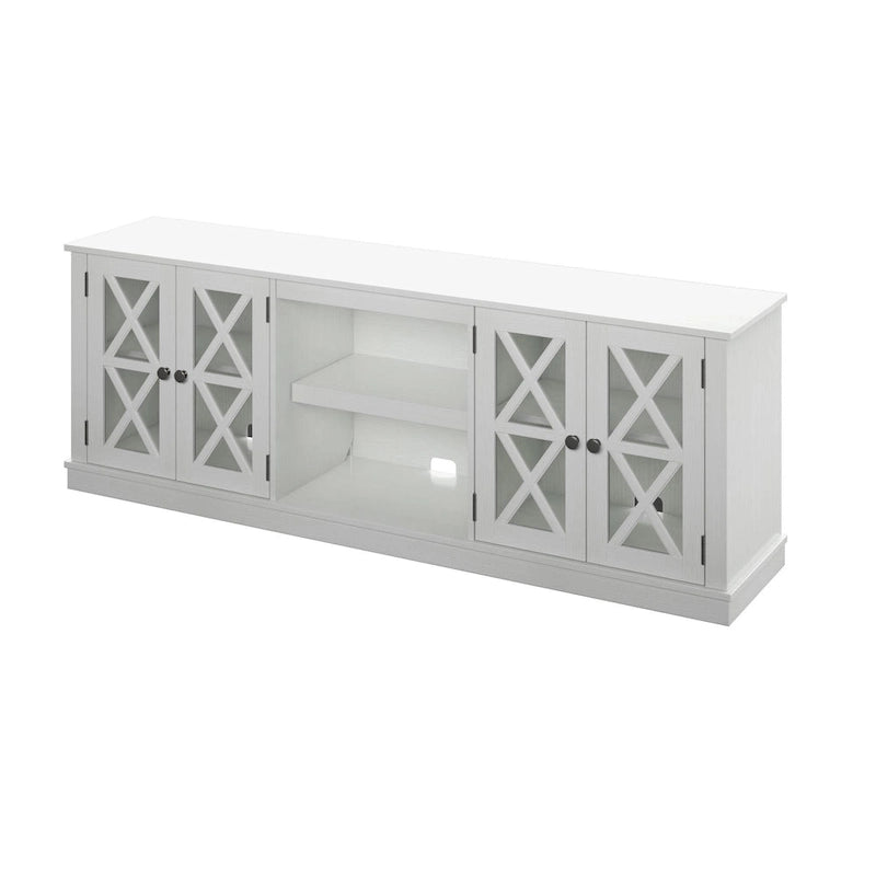 White Farmhouse TV Stand with Barn Door Cabinets and Open Shelves