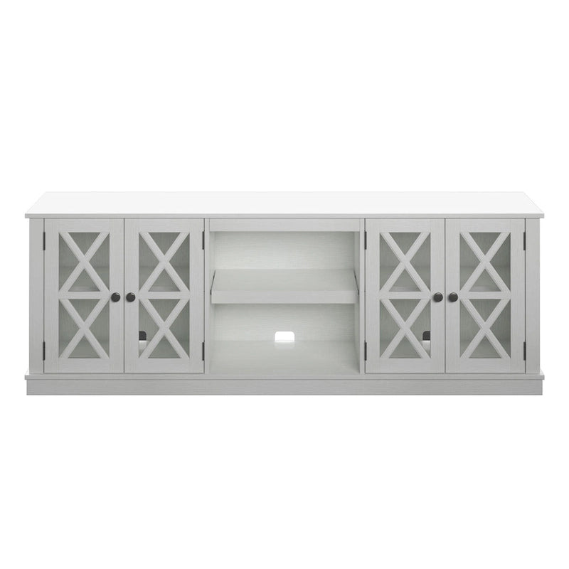 White Farmhouse TV Stand with Barn Door Cabinets and Open Shelves