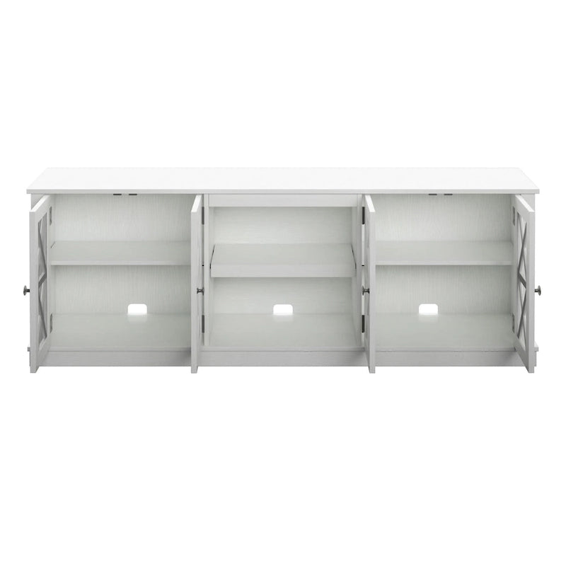 White Farmhouse TV Stand with Barn Door Cabinets and Open Shelves