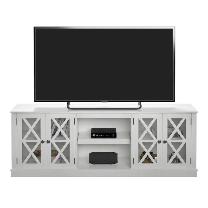 White Farmhouse TV Stand with Barn Door Cabinets and Open Shelves
