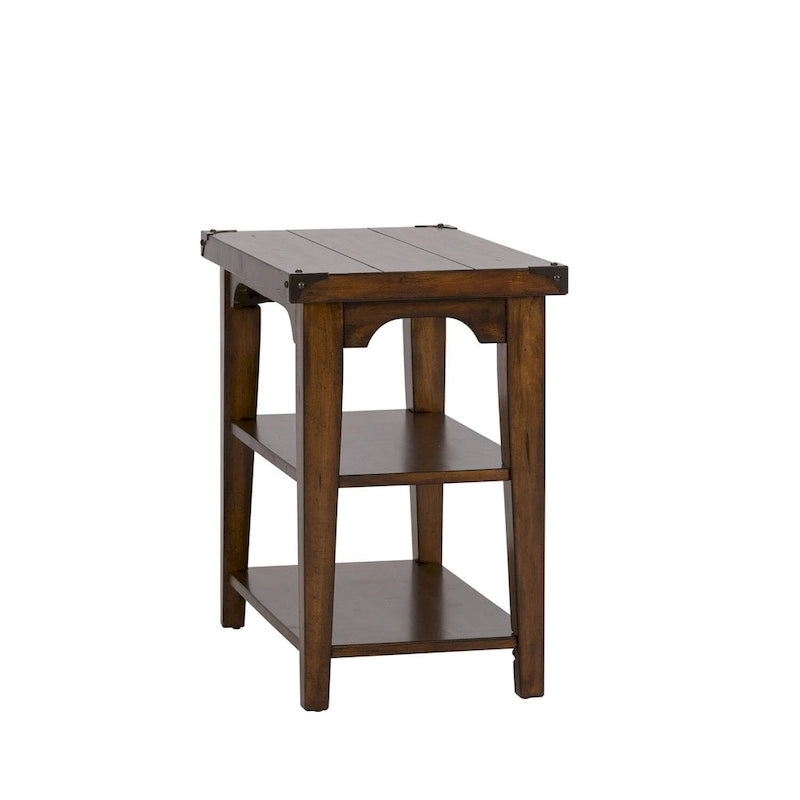 Russet Brown Wood Chair Side Table with Open Shelves and Metal Accents