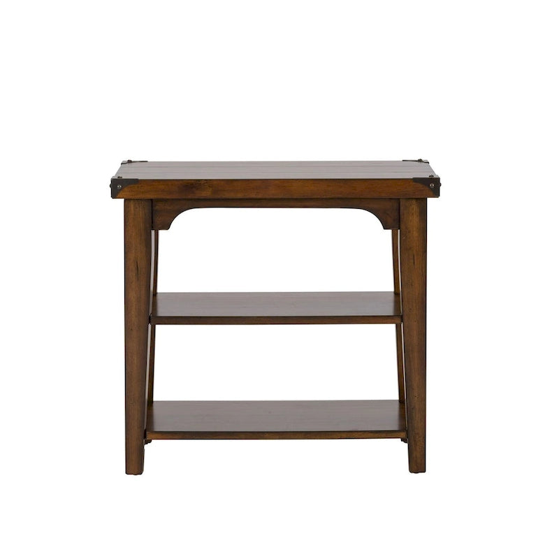 Russet Brown Wood Chair Side Table with Open Shelves and Metal Accents
