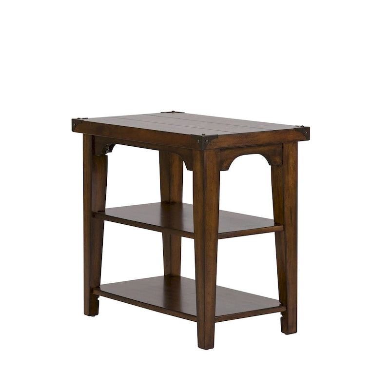 Russet Brown Wood Chair Side Table with Open Shelves and Metal Accents