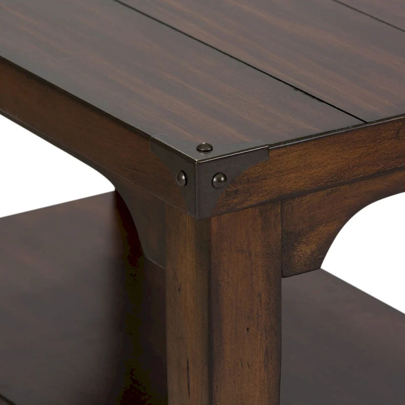 Russet Brown Wood Chair Side Table with Open Shelves and Metal Accents