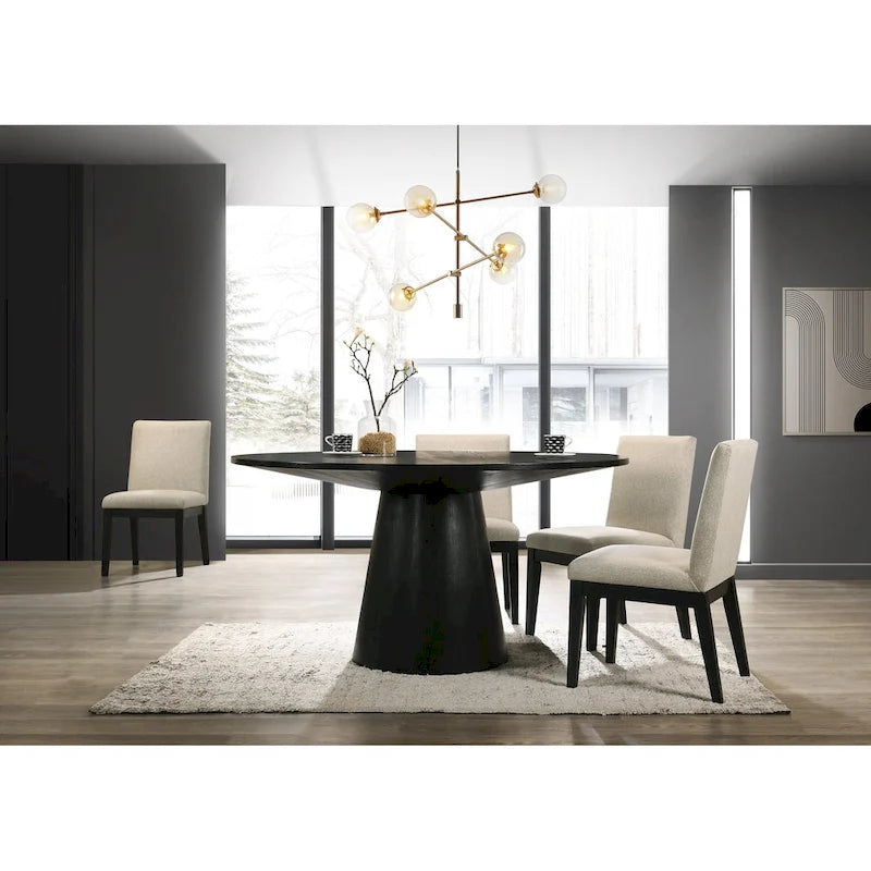 Black Round Solid Wood Pedestal Dining Table Seats Four to Six