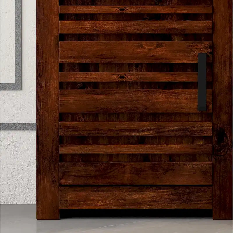Tall Whiskey Finish Knotty Alder Wood Pier Cabinet with Slat Door